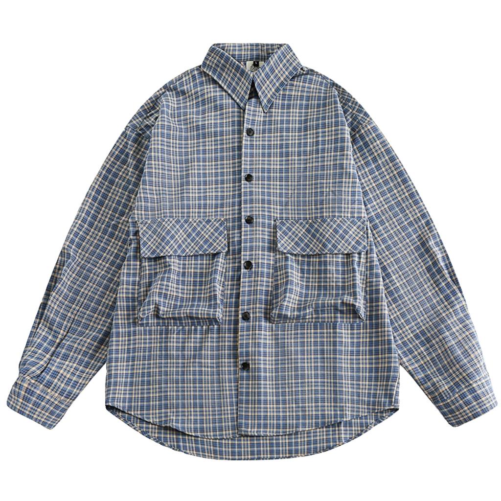 Japanese Spring and Autumn Large Pocket Plaid Long-Sleeved Shirt Fashion Brand Loose Couple Contrast Color Street Shirt Coat Men