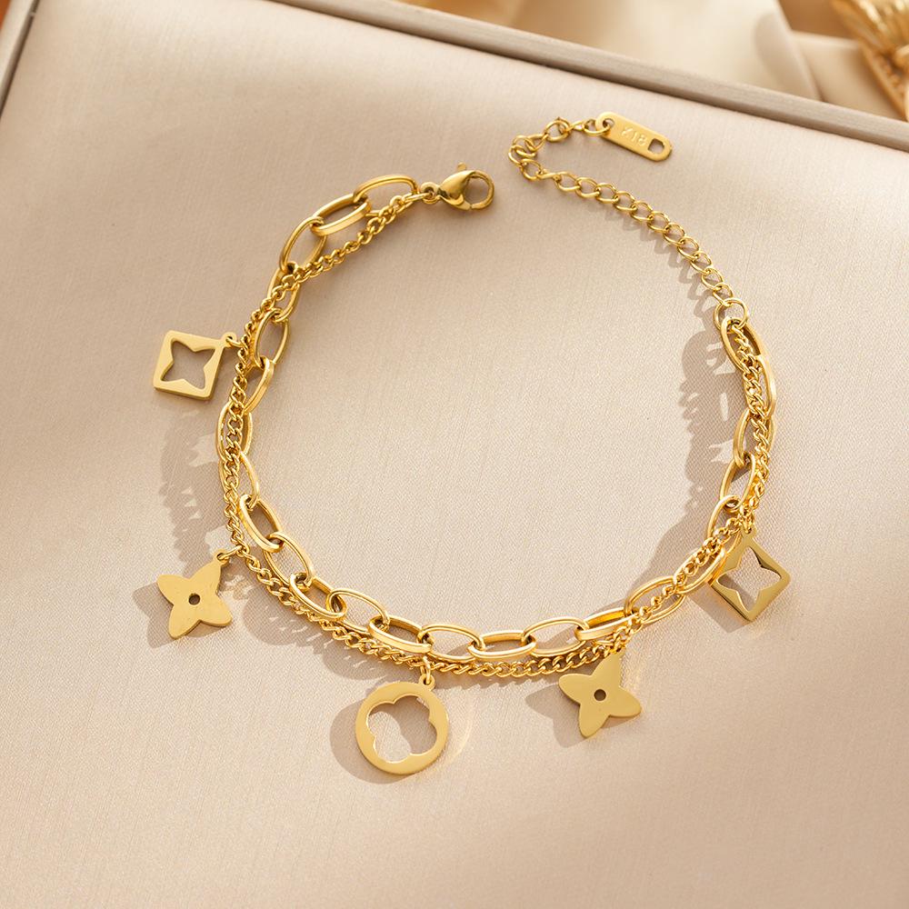 Luxe Titanium Staal Vierbladig Klaver Armband in Koreaanse Stijl met Ingelegde Diamanten voor Vrouwen - Kleurvast