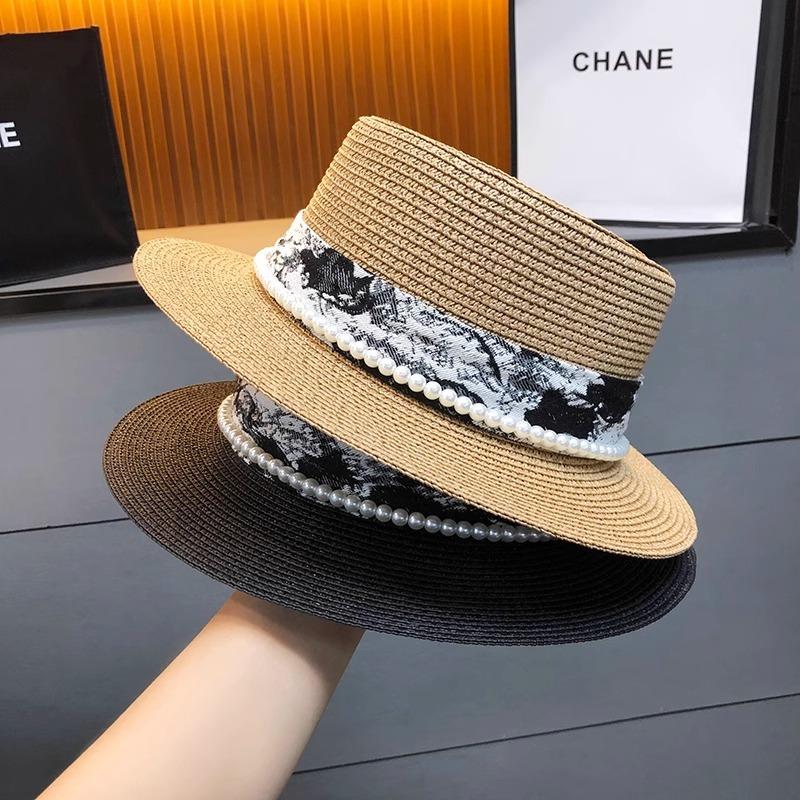 Flat top top hat design sense pearl temperament versatile straw hat summer vacation shade beach hat children