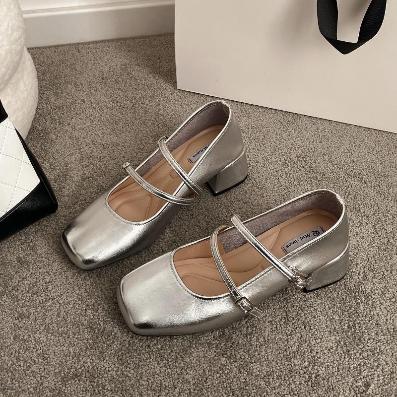 Thick Low Heel Women Mary Jane Shoes Fashion Square Toe Buckle Strap Shoes 2026 Spring Female Elegant Dress Leather Pumps 35 серебряный 3490₽