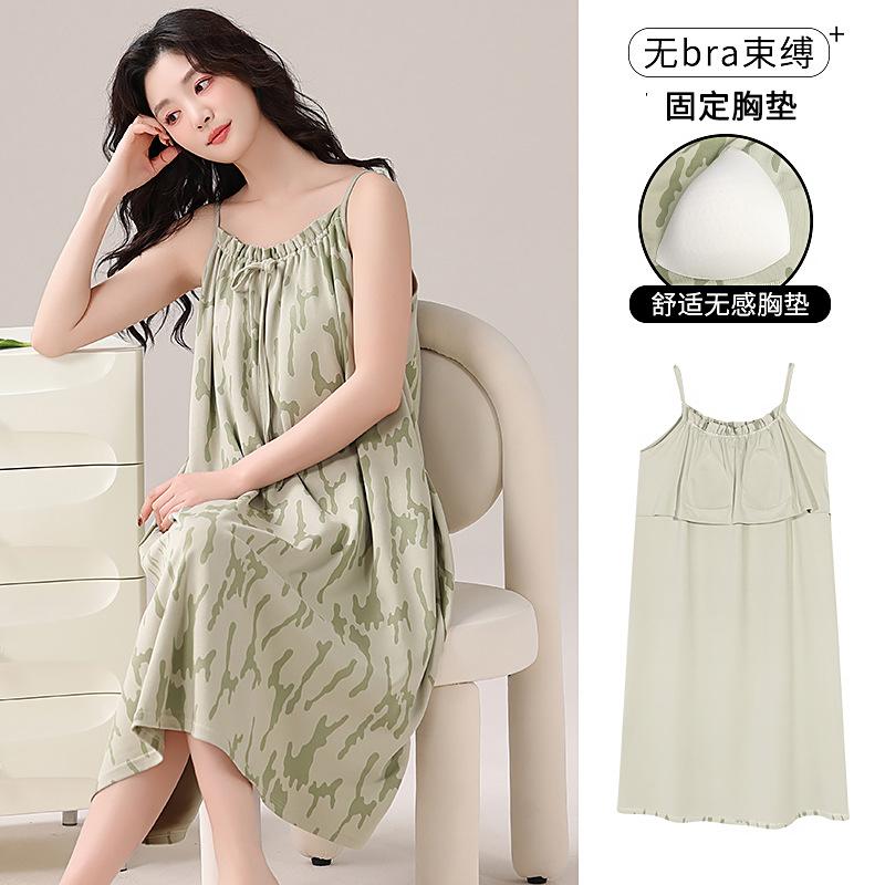 Women's camisole nightdress, summer pure cotton sexy mid-length loungewear, plus-size pad pajamas, pure and sweet style