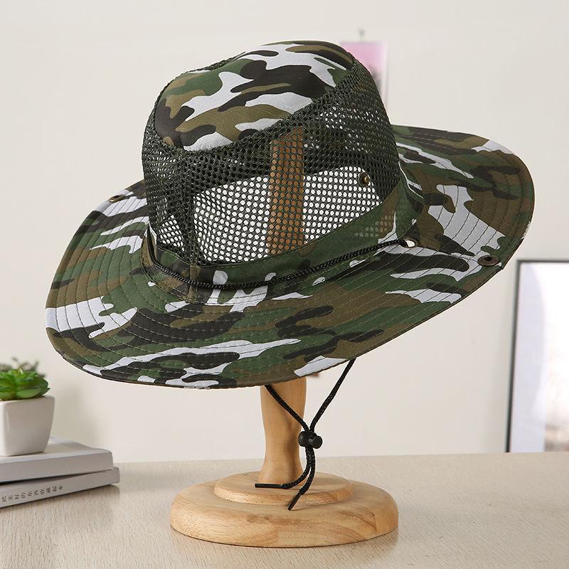 Men's Camo Mesh Sun Hat Wide Brim Breathable Bucket Hat UV Protection Outdoor Fishing Cap
