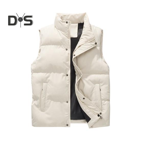 Men Windproof Vest Stand Collar Sleeveless Button Zipper Closure Waistcoat with Pockets Solid Color Thickened Down Vest Coat