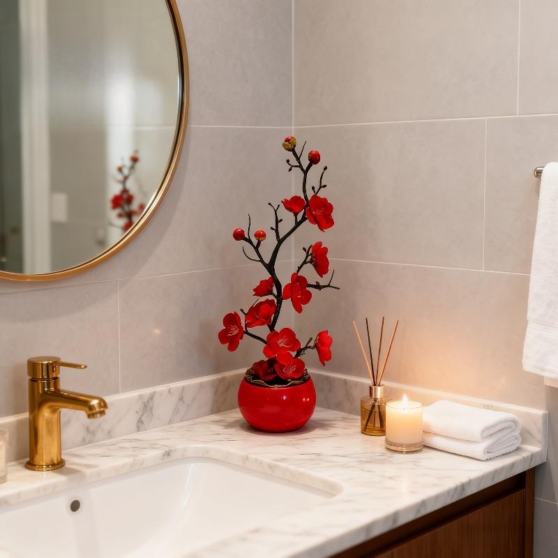 1pc Red Plum Blossom Potted Plant for New Year, Premium Artificial Flower for Wedding, Valentine's & Home Decor