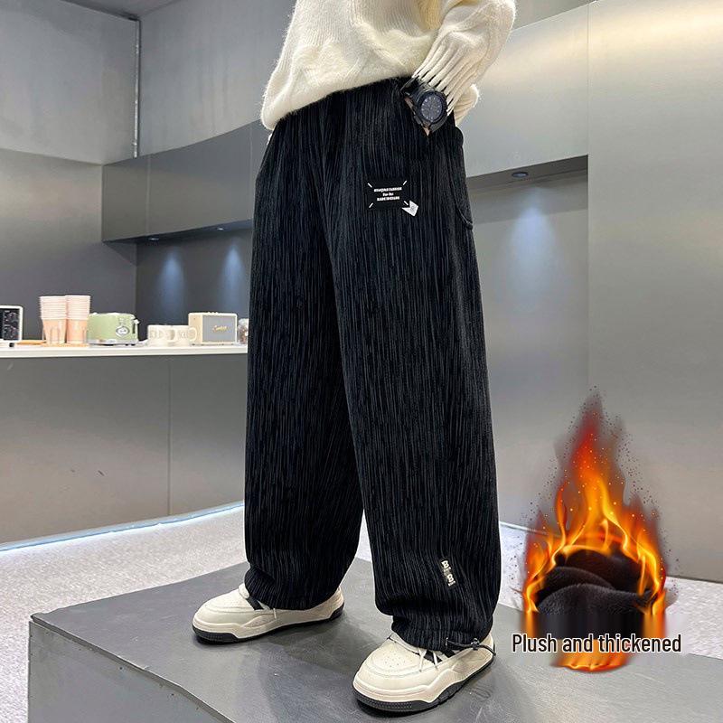 Boys' Fleece-Lined Corduroy Pants - Autumn & Winter Style, Thickened One-Piece Fleece, Handsome Casual Pants for Older Boys