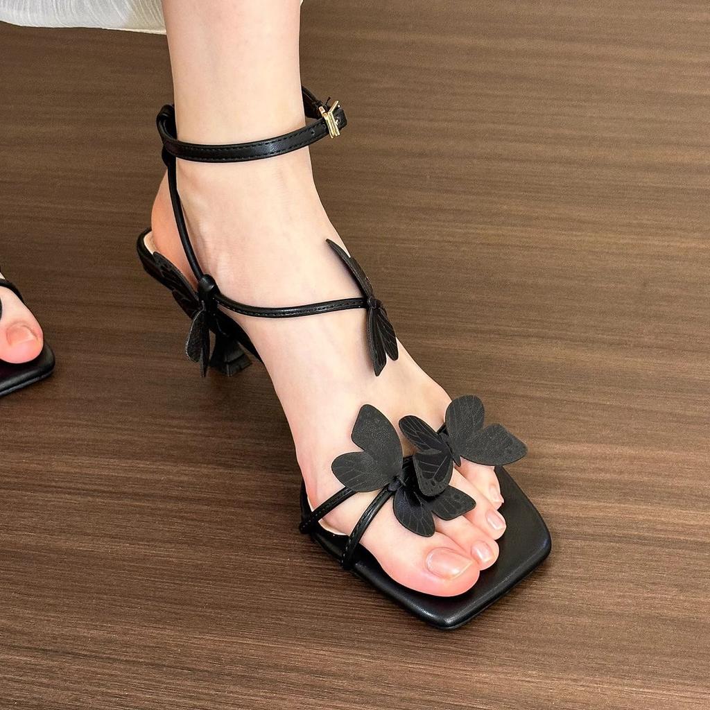 Fashion Womens French Butterfly Open-toed High Heel Sandals Womens Fashion Versatile Outdoor Leisure Medium Heel Sandals Sandalias Mujer