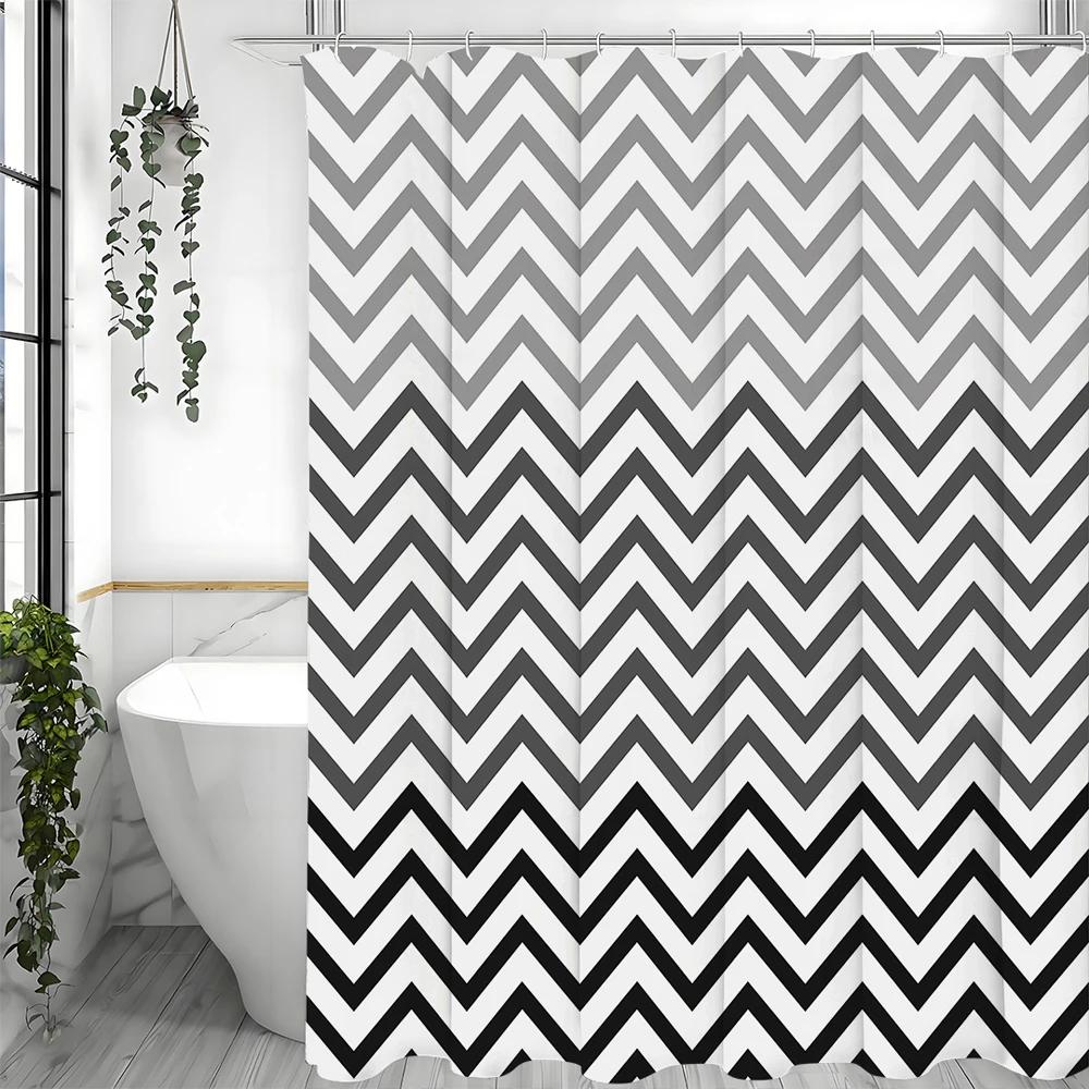 Black Gradient Wave Line Geometric Modern Minimalist Shower Curtain, Bathroom Decorative Shower Curtain, Waterproof Shower Curta