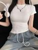 American Cinched Waist Long Sleeve T-shirt, Korean Style, High Stretch, Round Neck, Hot Girl Fashion for Autumn and Summer.