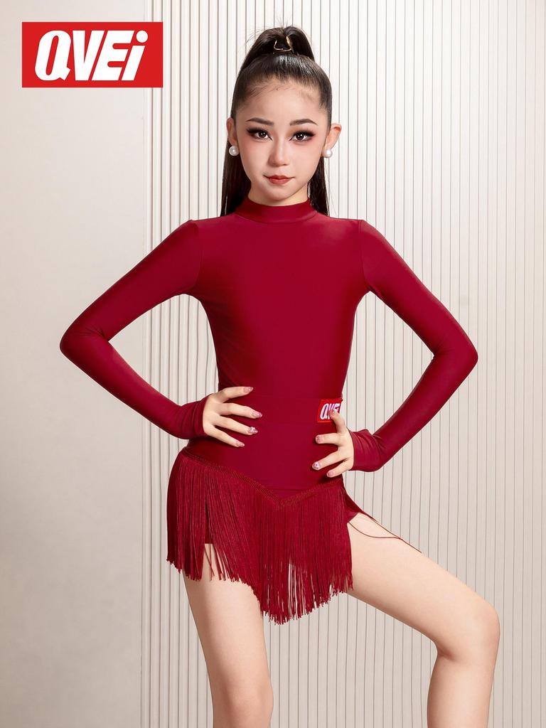Qi Mei 2025 Kostým pro dívky na latinskoamerické tance – Set s třásňovou sukní pro soutěž & trénink