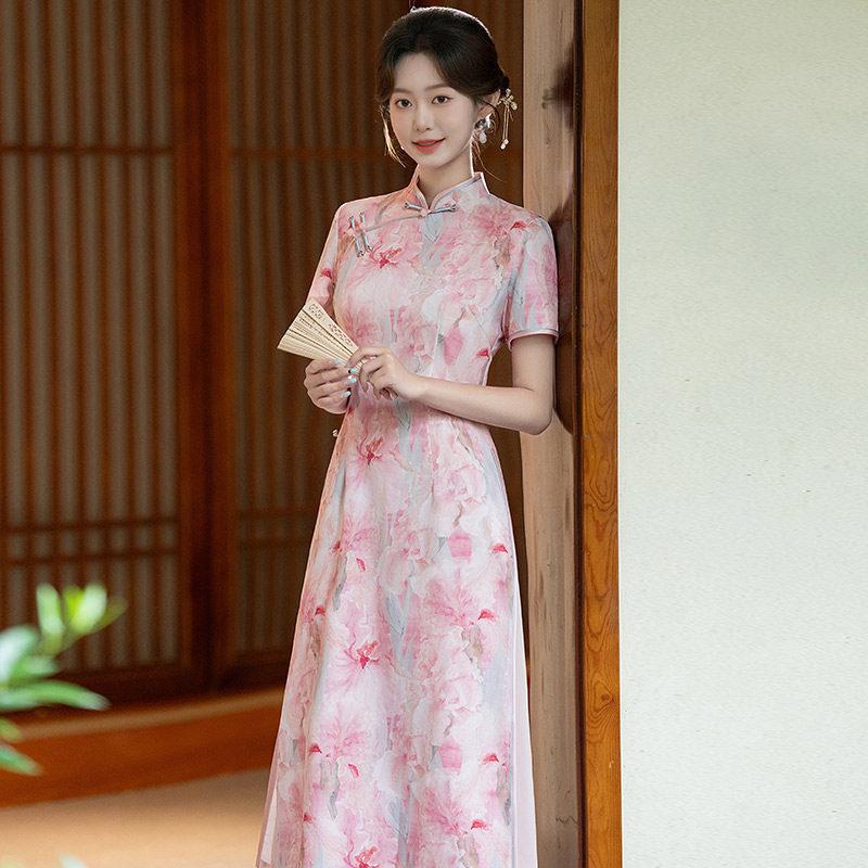 Pink Aodai Daily National Style New Chinese Suzhou Cheongsam Improved Young Girl Premium Dress Summer