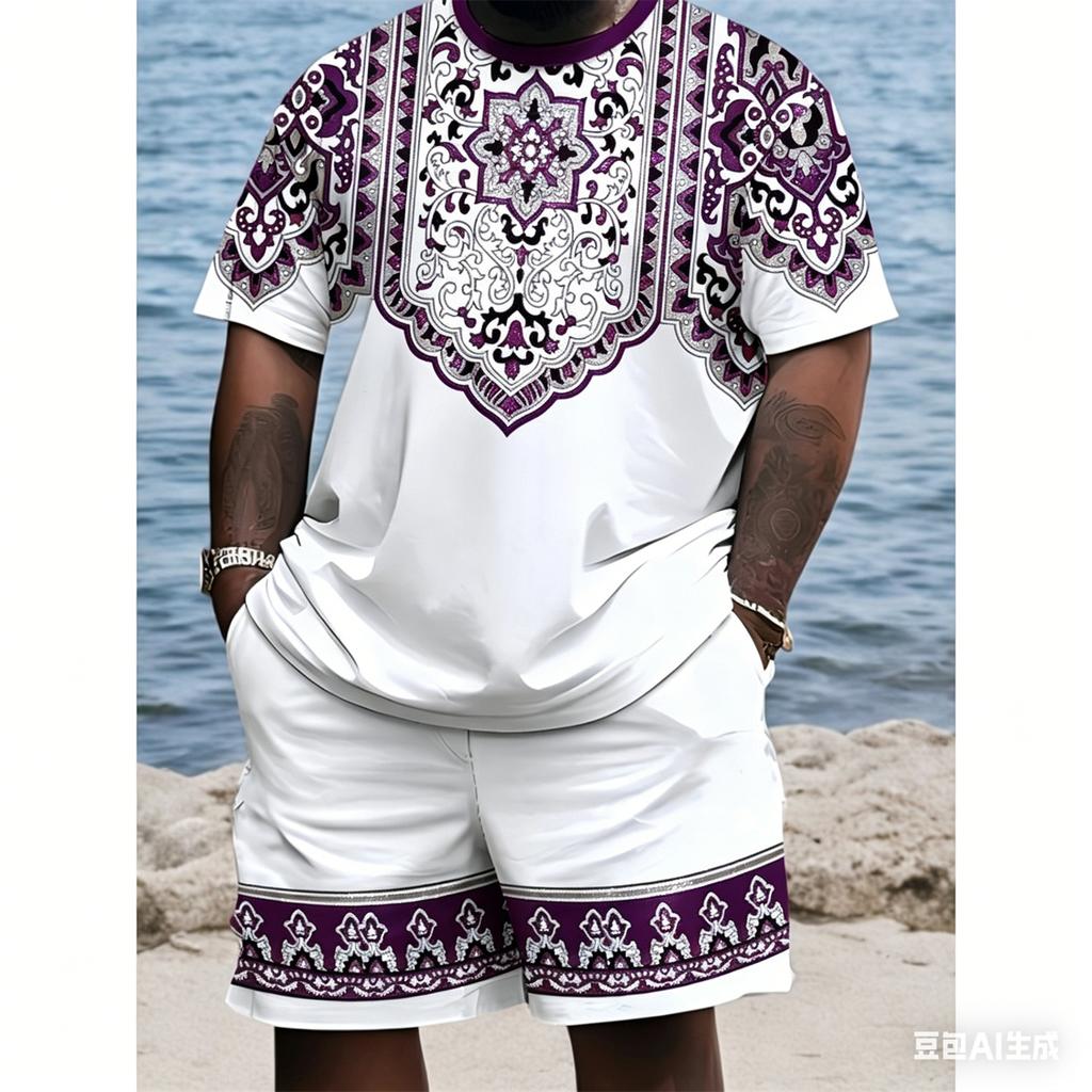 Men's Plus Size 3D Digital Print Short Sleeve Shorts Set, Ethnic Style, PLUS SIZE