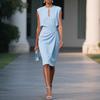 Retro Solid Color Cross Tie Cutout Round Neck Elegant Casual Dress for Women European American Style