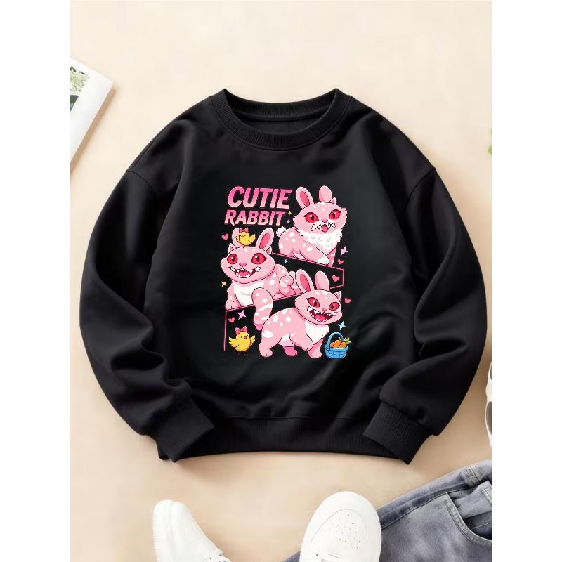 Kids Crewneck Sweatshirt, Three Cute Pink Rabbits Fun Print Long Sleeve Top for Autumn Winter