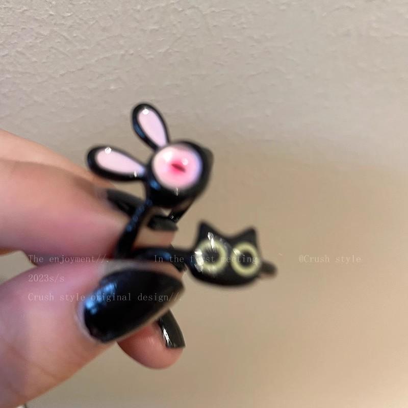 Weird Black Little Cat Opening Ring Women's Exclusive Style Ring for The Index Finger, An Elegant Decorative Finger Ring