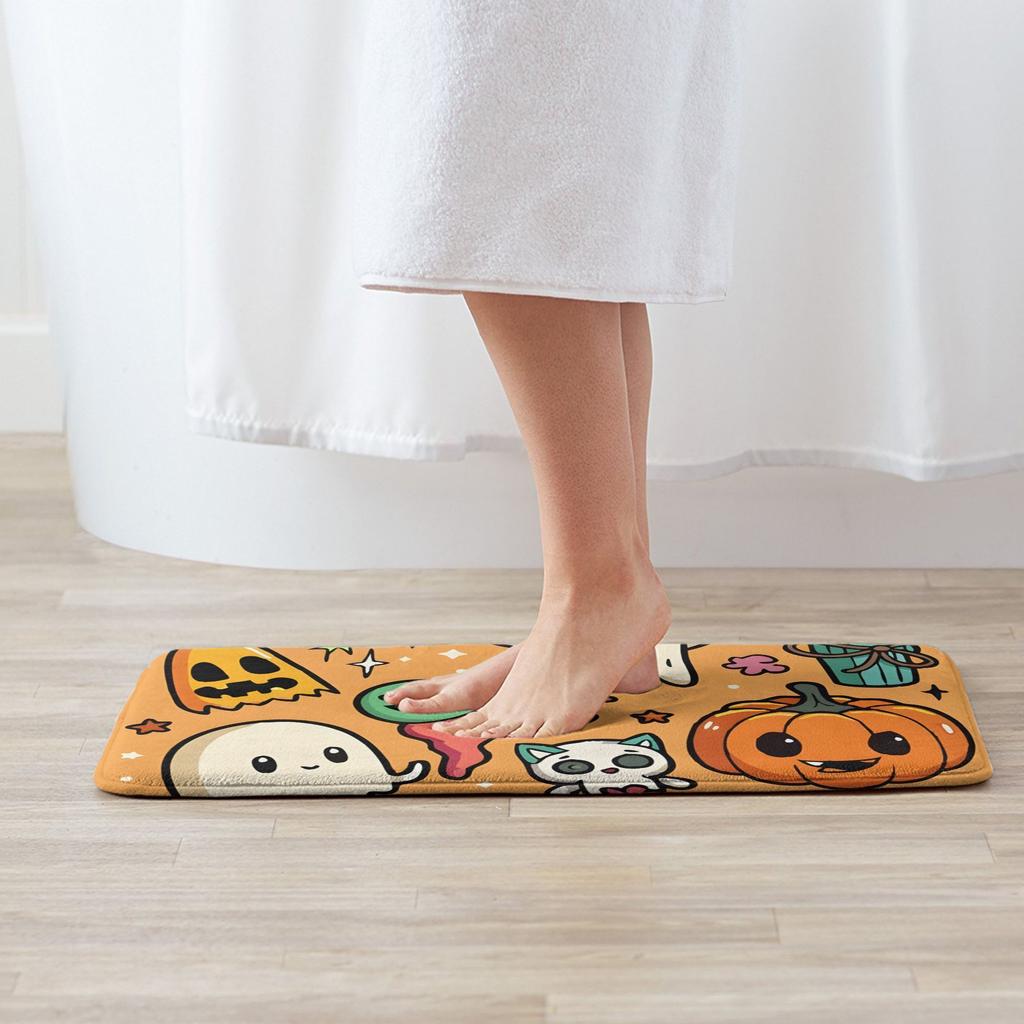 1pc Halloween-Themed Area Mat - Cute Ghosts, Pumpkins, Stars & Skeletons Design, Anti-Slip Rubber Backing, Machine Washable Poly
