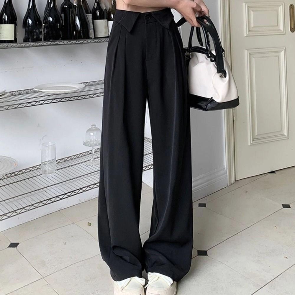 Loose Casual Pants Women Workout Trousers Wide Leg Pants Retro Flip Up Suit Pants  Female