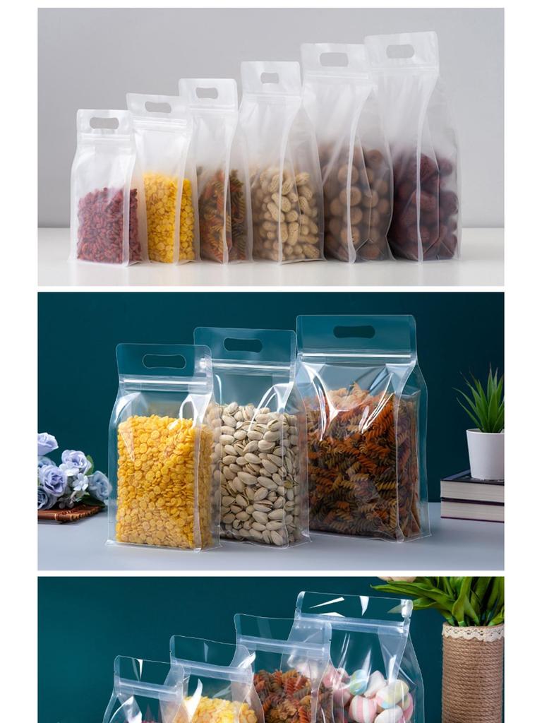 Frosted Transparent Self-Sealing Snack Bag with Handle for Dried Fruit and Tea Storage