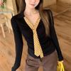 New Women's College Style Long Sleeve Color Block Lapel Top