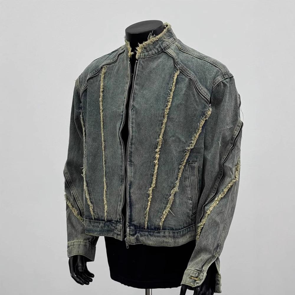 

Men s Retro Raw Edge Denim Jacket with Zipper and Stand Collar X-Large синий