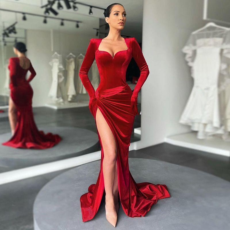 

Women Sexy Party Evening Dress Female Fall/Winter Slim High Waist Gloves Dress Dress Red L