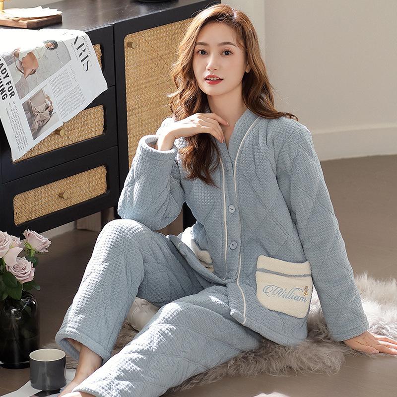 Winter coral fleece three-layer padded pajamas women s winter thickened fleece flannel sweet warm loungewear set m recommended 40-50kg