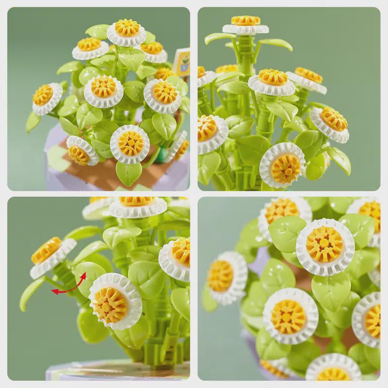 Building Block Bouquet 3D Model Home Decoration Plant Potted Chrysanthemum Rose Flower Assembly Brick Toy