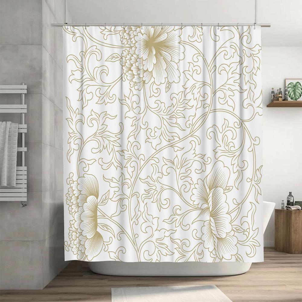 Luxury White Damask Shower Curtain with Gold Floral Design European Style Bathroom Decoration Set for Home Decor (180x240cm)