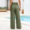 Damen Sommerhose aus Baumwollleinen mit weitem Bein, lässig, locker, Kordelzug, hohe Taille, Palazzo-Hose mit Taschen