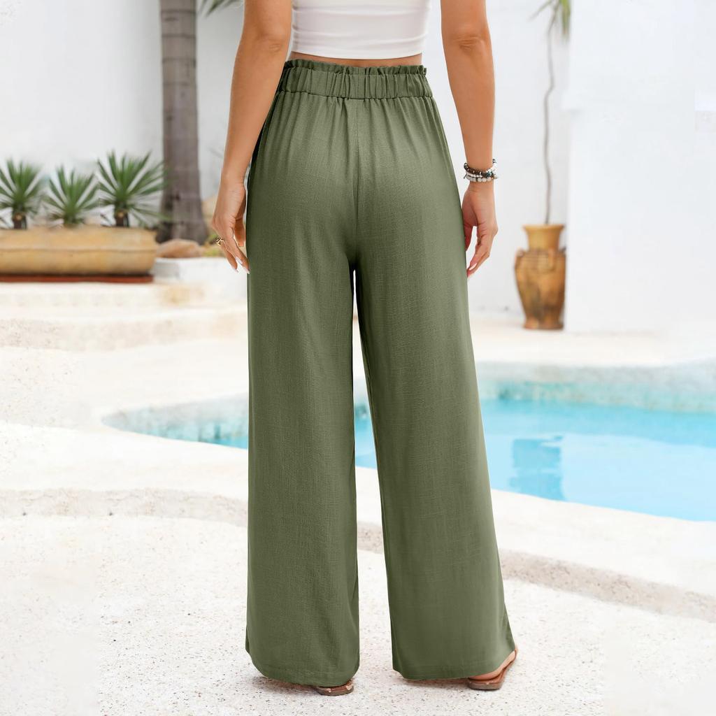 Damen Sommerhose aus Baumwollleinen mit weitem Bein, lässig, locker, Kordelzug, hohe Taille, Palazzo-Hose mit Taschen