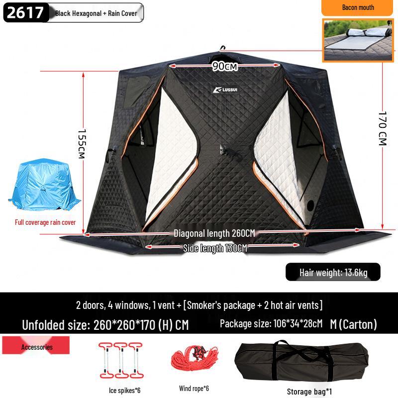 Hexagonal Cotton Ice Fishing Tent - Thickened, No Assembly Needed