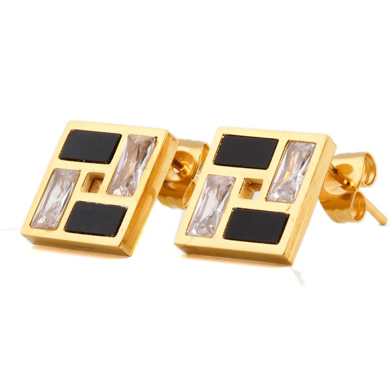 Square Plaid Resin Inlaid Zircon Stud Earrings in Stainless Steel золотой