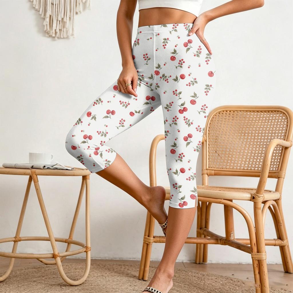 Women’s Elastic Waist Casual Slim Fit Split Hem Capri Pants with All Over Print Lightweight Stretch Fabric Design