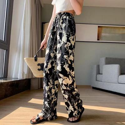 New Chinese Wide-leg Pants for Women In Summer, Thin High-waisted Slimming Tie-dye Butterfly Straight-leg Casual Ice Silk Sunscreen Pants