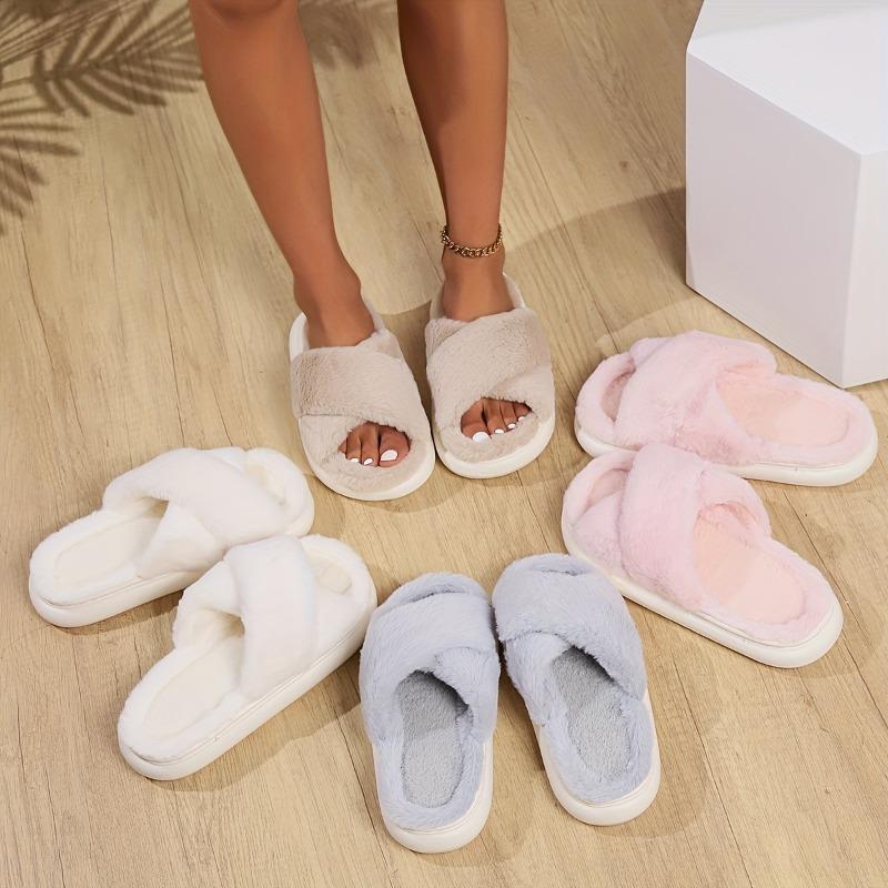 Cross Warm Fluffy Furry Slippers Women Lightweight Flat Heels Fur Slides Woman Autumn Winter Open Toe Non Slip Home Floor Shoes