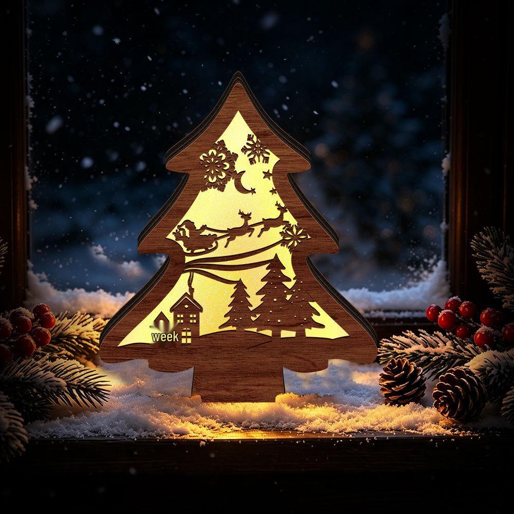 MZ1232 LED Wooden Christmas Tree Ornament - Glowing Holiday Night Light Decoration