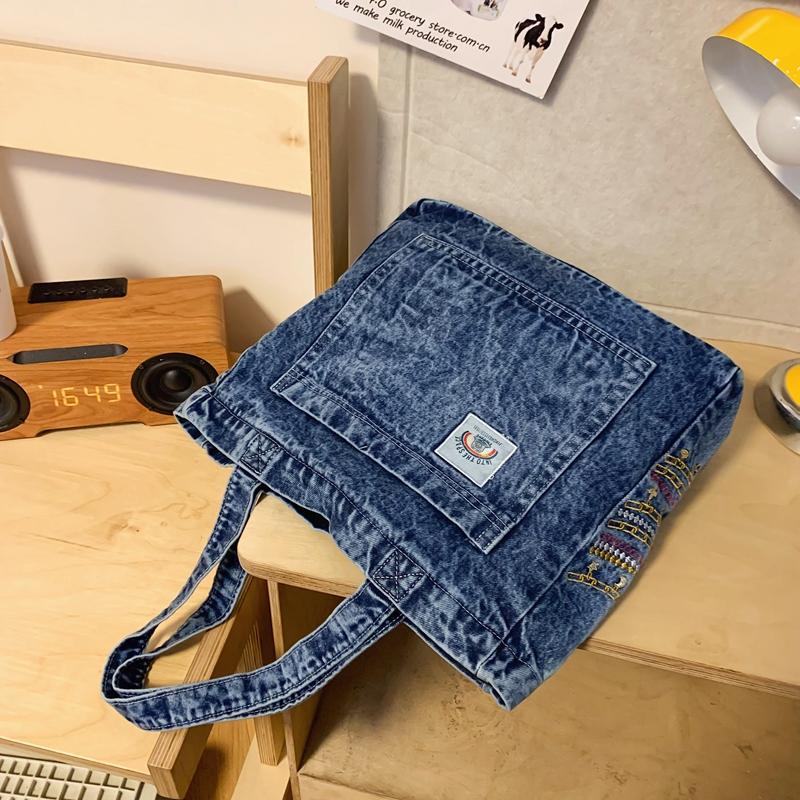 Большая вместительная холщовая сумка женская стираная джинсовая сумка-тоут студенческий — фото 14