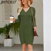 BITCED Women's Solid-Colour V-Neck Longline Wool-Blend Knit Dress Autumn/Winter Fashionable Elegance Cable-Knit Base Layer Knit Dress