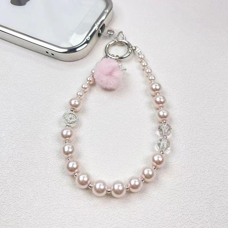 Luxury pearl mobile phone chain, pom-pom pendant, short mobile phone case, lanyard, bag, keychain, anti-lost gasket.