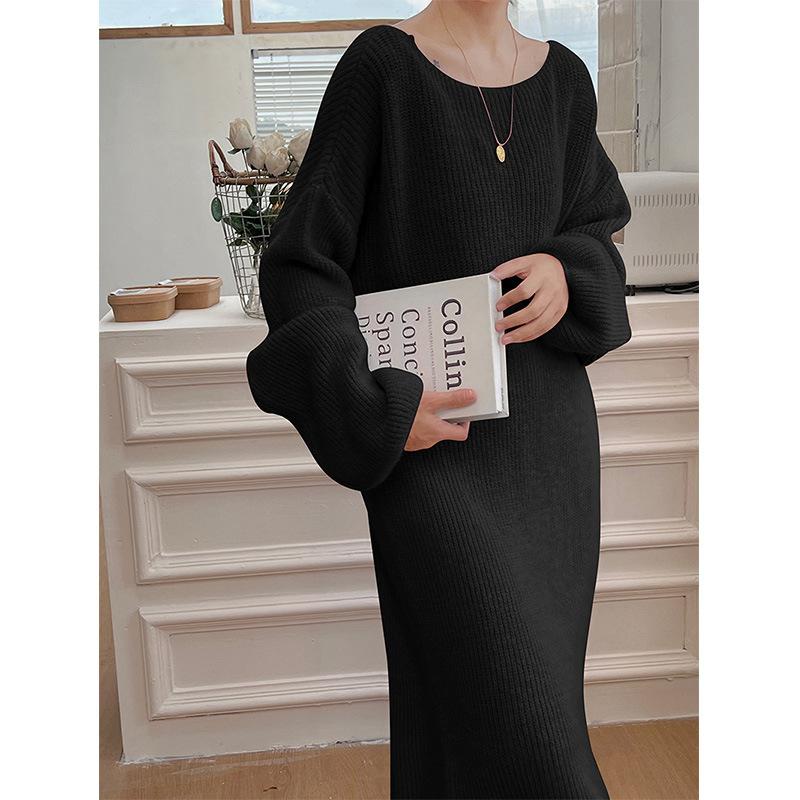 Solid Color Sweater Skirt Women's Loose Large Version, Thin and Lazy Temperament Large Size Knee-length Crew Neck Knitted Dress