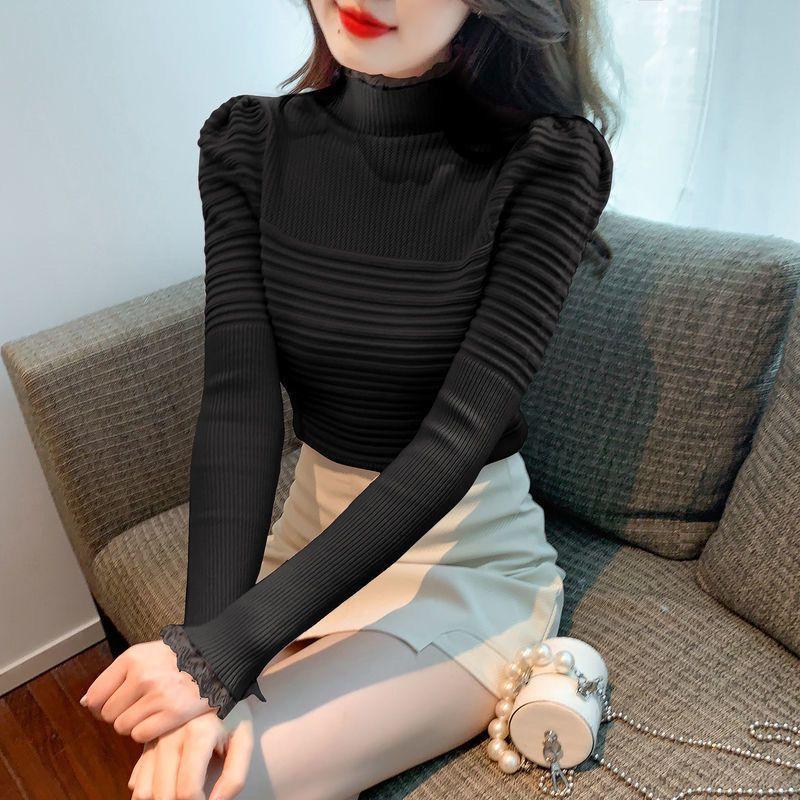 

Длинный рукав кружевной верхняя одежда вязаный свитер для женщин топ и базовая рубашка 2XL чёрный