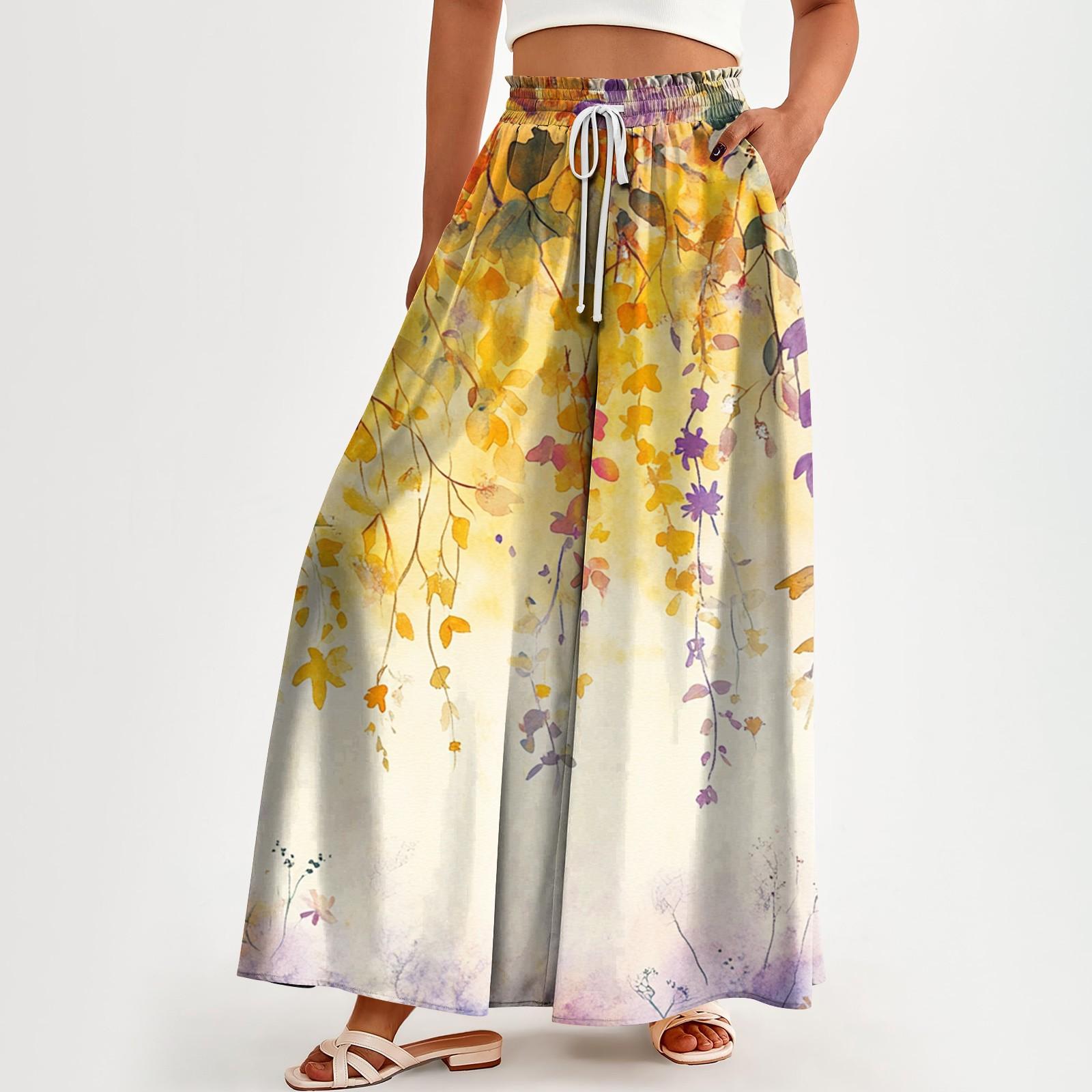 

Женские брюки с высокой талией и карманами, повседневные брюки с цветочным принтом XXXL белый