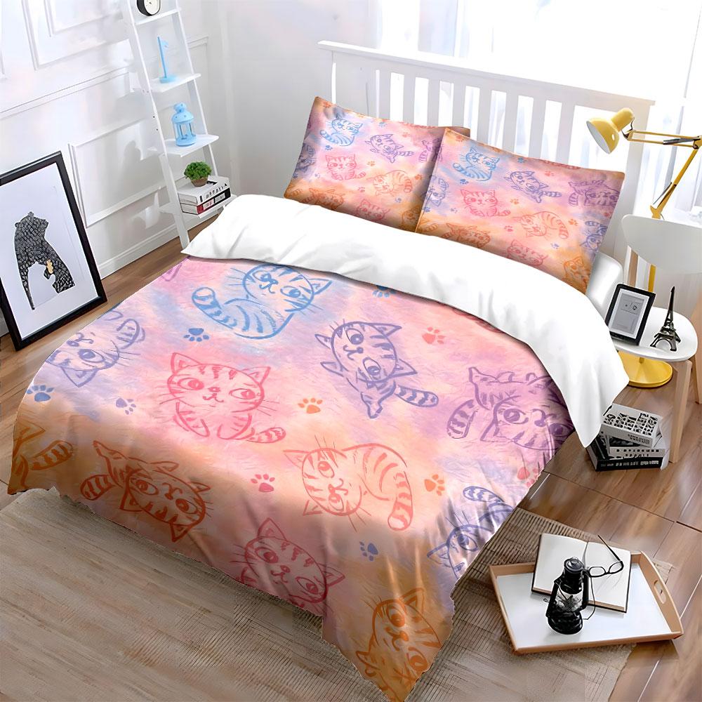 Colorful Cartoon Cats Pattern Bedding Duvet Cover Set Duvet Cover Pillowcases  (1*Duvet Cover 2*Pillowcases, without duvet insert)