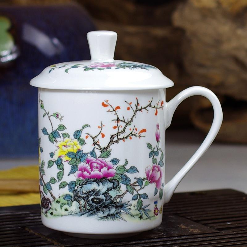 Jingdezhen Bone China Tea Cups with Lids, Conference Cups, Ceramic Water Cups, Office Cups, Gift Cups, Jing-style Cups