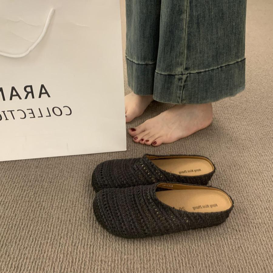 French Niche Hand-woven Hollow Breathable Bag Head Half Slippers Women's Summer Wear Roman Style Thick-soled Muller Shoes