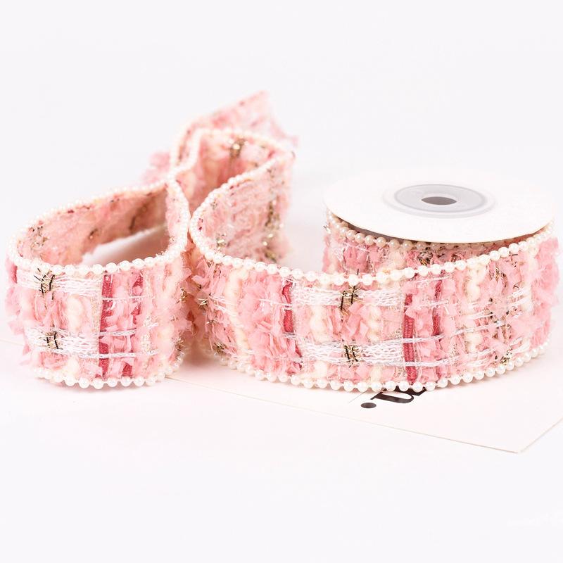 

2yards 38mm Elegant Crochet Velvet Tweed Ribbon with Pearl Beads Edge for DIY Hair Bows Sewing Supplies Gift Packing Hat Decor 38mm-2yards рожевий