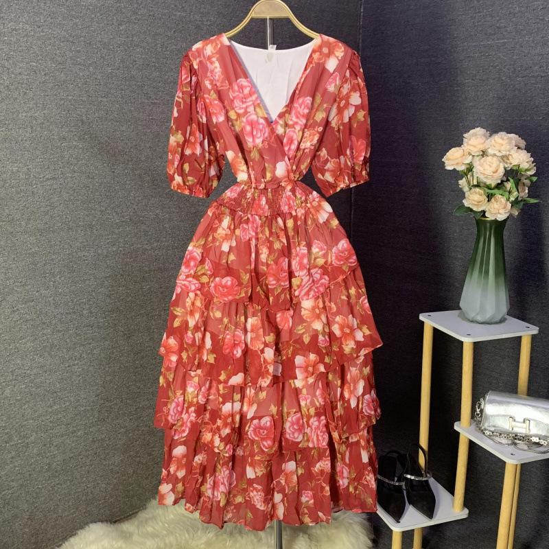 V-neck bubble sleeve printed dress women's summer new women's clothing high-end pleated cake skirt elegant style