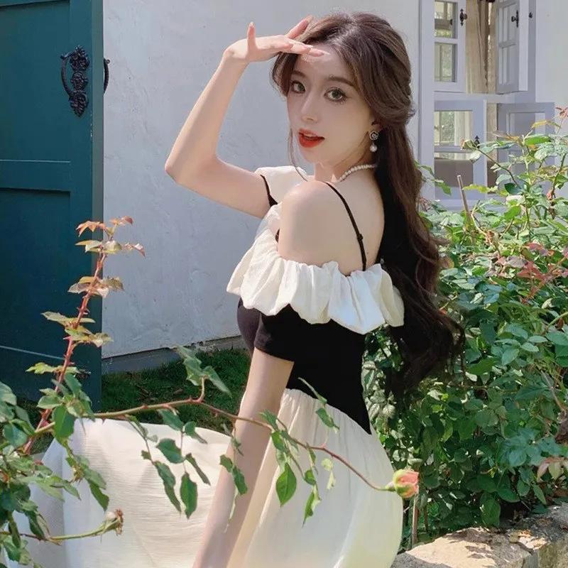 Sweet One-word Shoulder Short-sleeved Dress Female Summer French Socialite Temperament Gentle Wind Waist Fairy Medium and Long Skirt