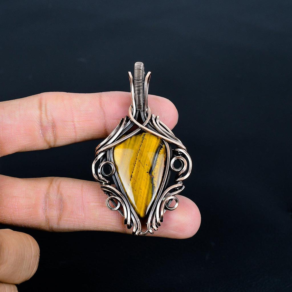 Tiger's Eye 999 Copper Wire Wrapped Pendant, Handmade Gemstone Pendant , Gift For Mom Antique Jewelry