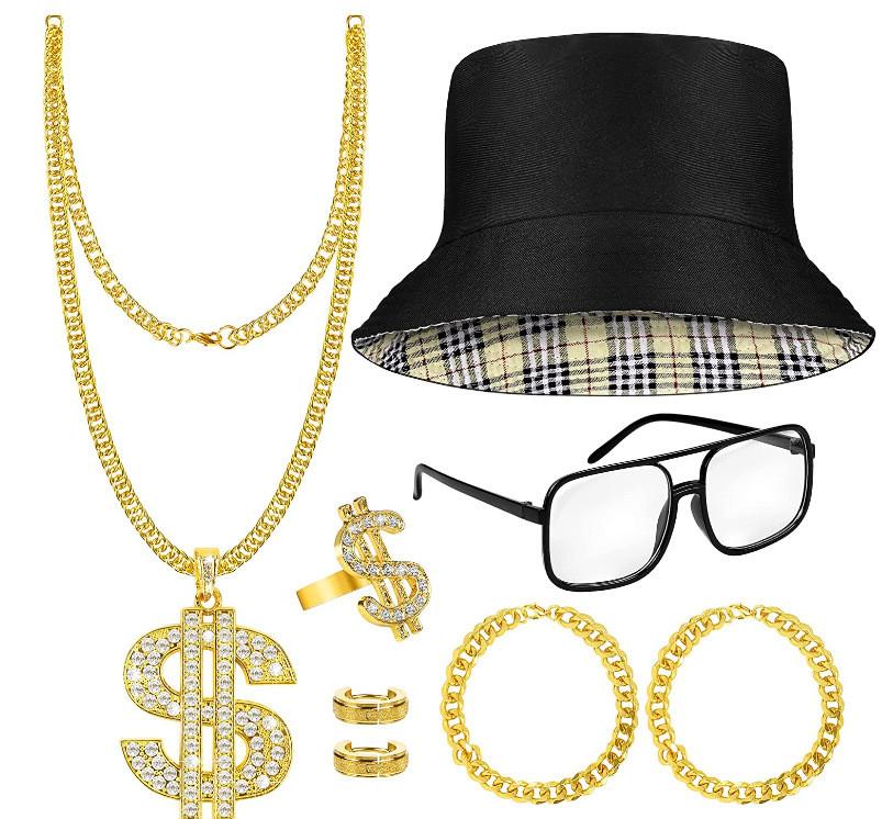 Hip Hop Gold Coin Necklace Ring Hat Glasses Set For Men Women Cosplay Style