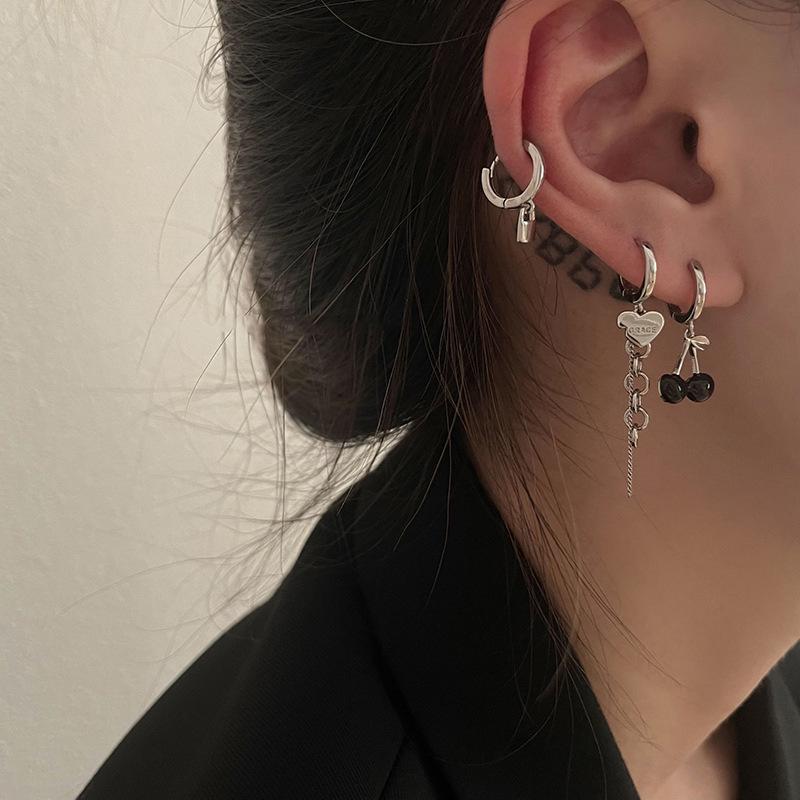 LATS Vintage Copper Color Tassel Chain Love Heart Earrings Set Irregular Geometric Cherry Hoop Earrings for Women Zircon Gifts